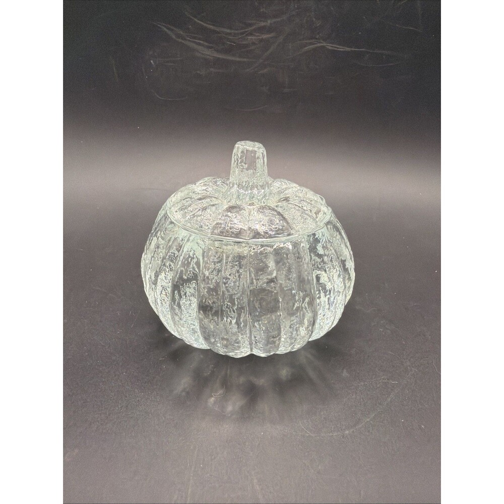 HOMCO Clear Crystal Glass Pumpkin Votive Jar W/ Lid & Candle Holder 3.5” EUC